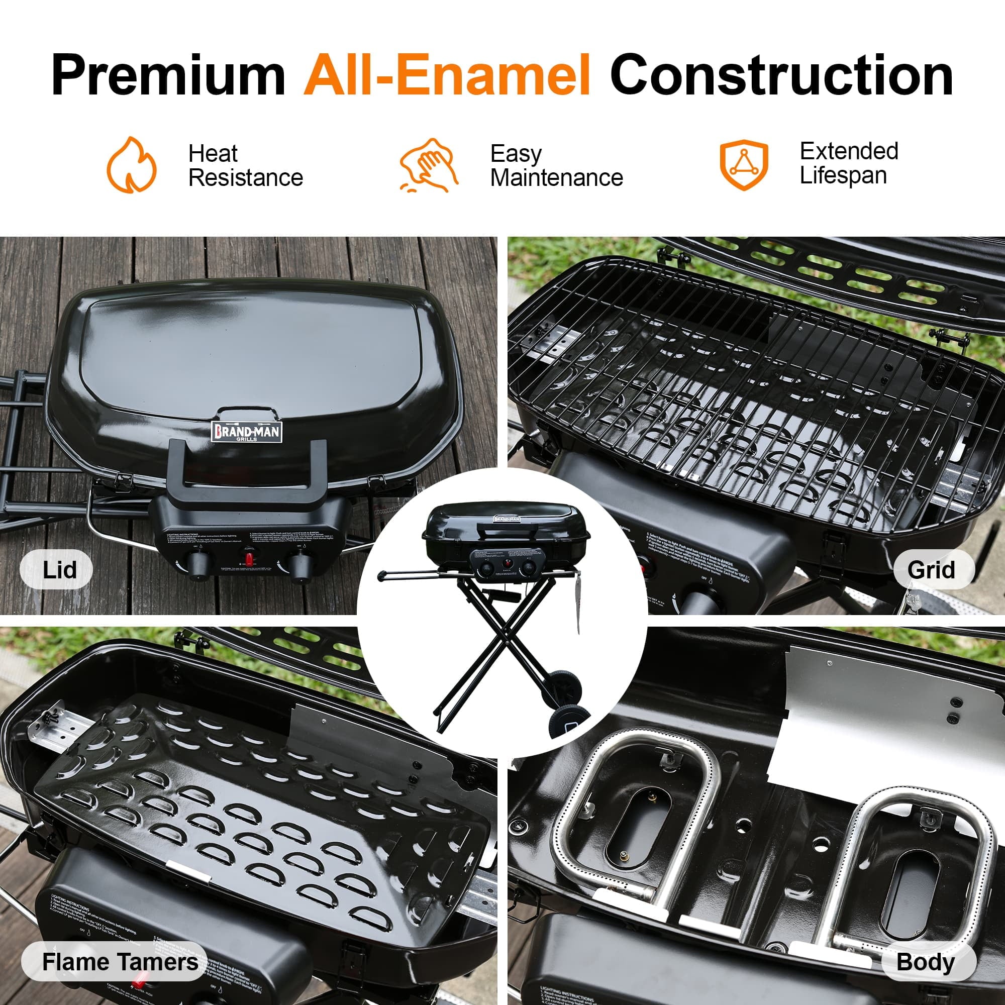 Brand Man Portable 2-Burner Camping Propane Gas Grill, Enameled Foldable BBQ with Griddle for Outdoor Cooking, Green